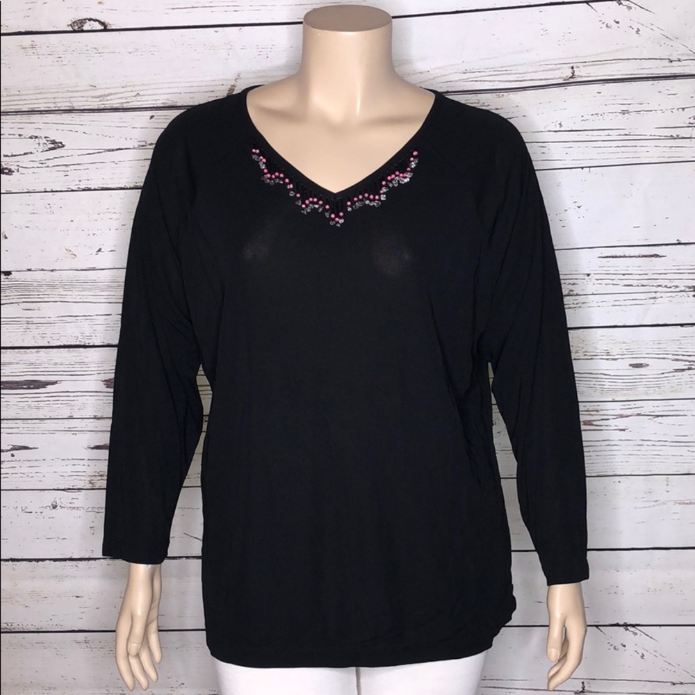 Carole Little NWT Size 2X Black - Pink Bead Fringe V-Neck Rayon Knit Blouse Top - Picture 1 of 6